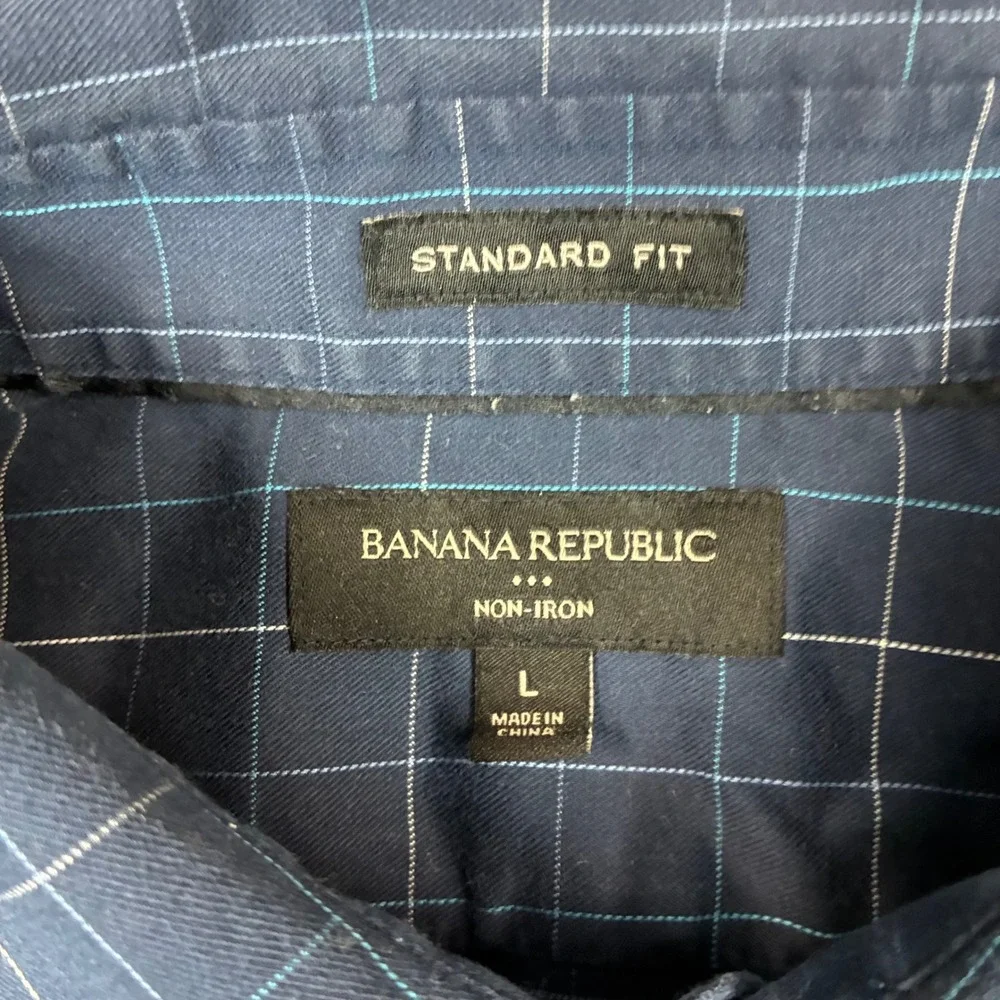 Banana Republic Mens Size Large Navy Blue Windowpane Plaid Non-Iron Dress Shirt